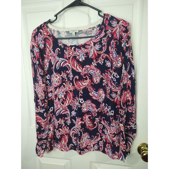 Talbots Sweater Women LP Dark Blue Pink Paisley Knit Stretch Lightweight Top - Picture 1 of 8